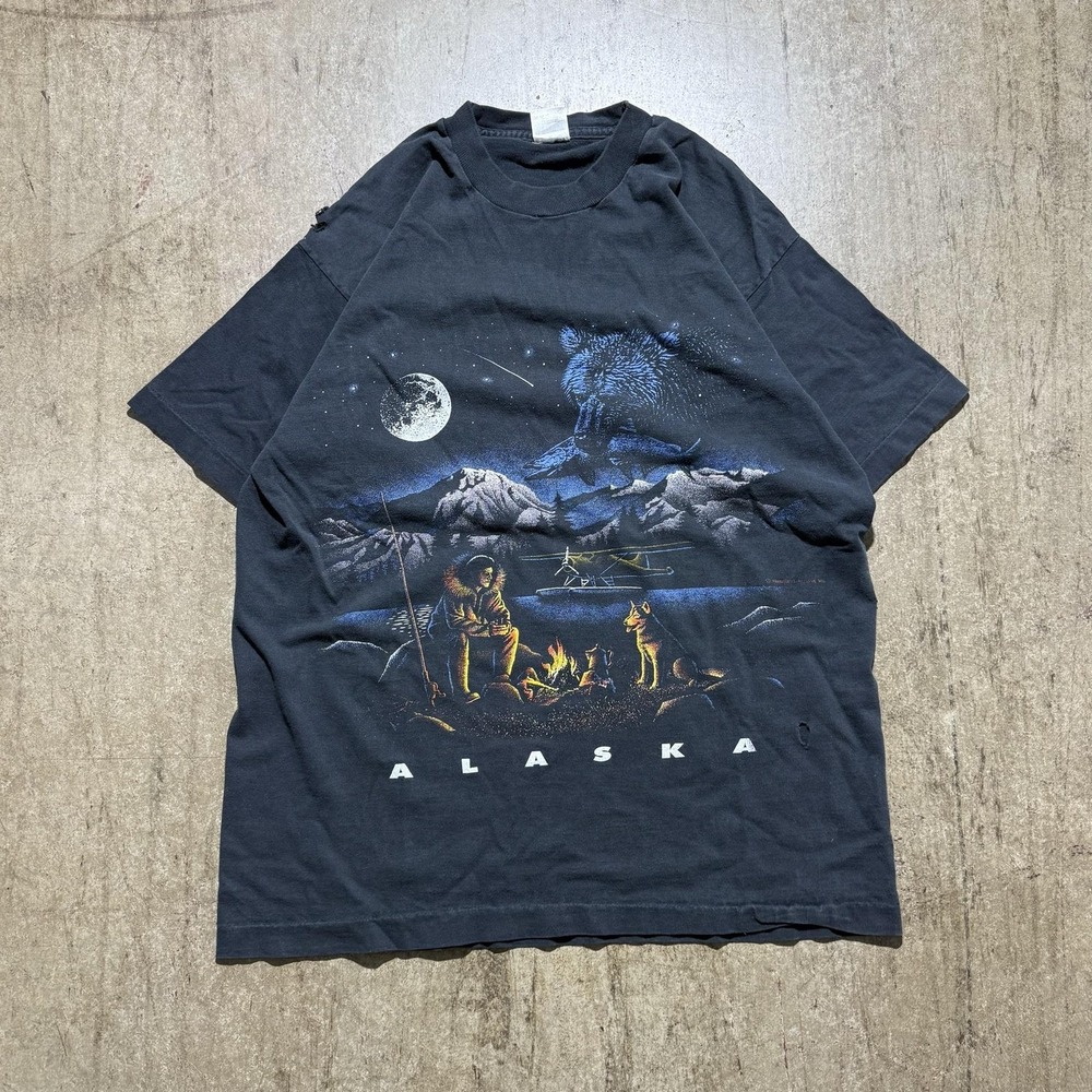 Vintage Alaska Wolf Shirt Mens Large Black Fruit Of The Loom Graphic Tee Camping